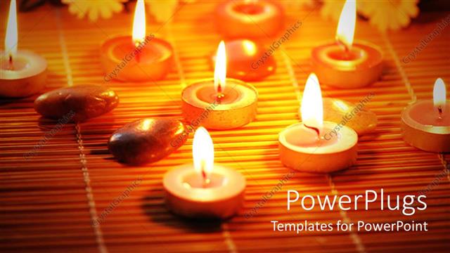  Presentation with tea - Flowers, pebbles, and burning tea light candles arranged on bamboo mat
