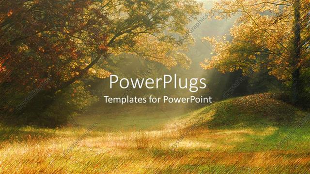  Presentation with forest - Forest depiction with beautiful trees with leaves and ground with grass and leaves with sun rays getting through the tree branches