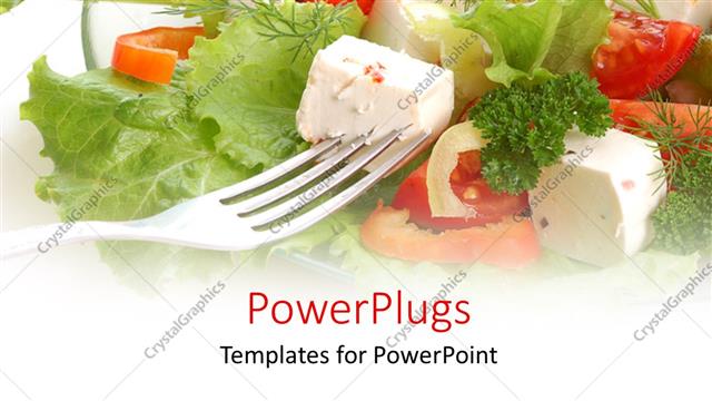  Presentation with salad - Fork in dish of vegetable salad, tomato and lettuce