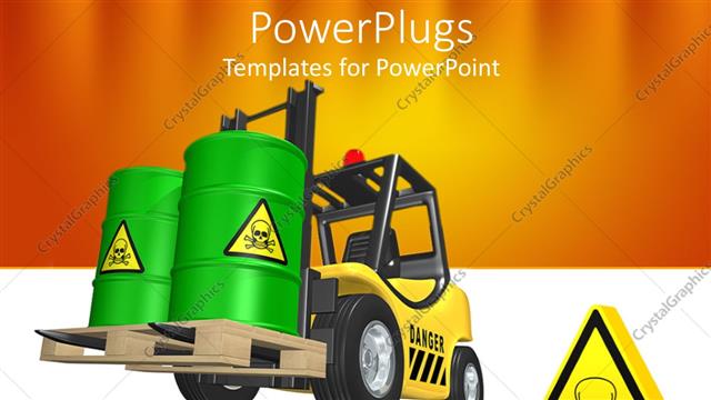  Presentation with forklift - Forklift transporting toxic waste large green barrels with toxic waste sign