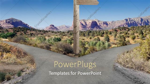  Presentation with road - Fort in the road two directions to choose street sign in desert