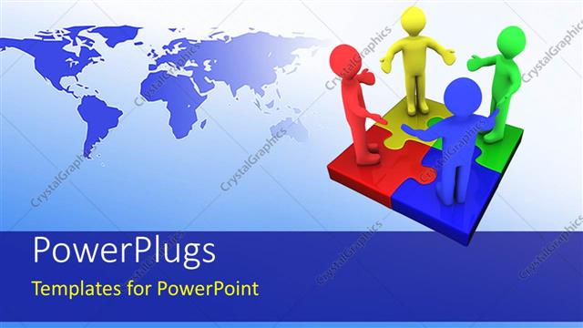  Presentation with world puzzle - Four colorful people standing on an arranged puzzle set