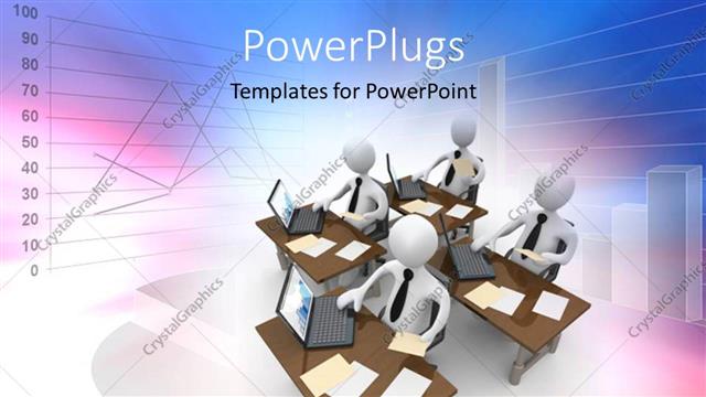 Presentation with data analysis - Four 3D data analysts with laptops on desk and several charts