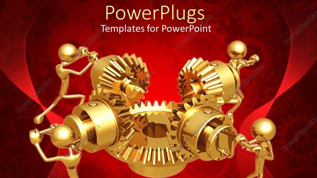  Presentation with mechanical - Four 3D golden figures working in team to make mechanical gear work