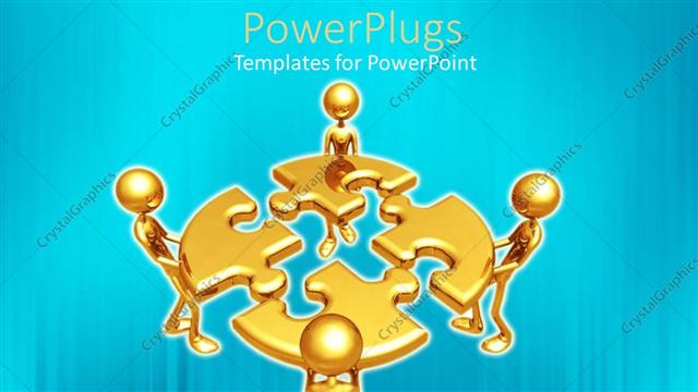  Presentation with together puzzle pieces - Four 3D golden men joining jigsaw puzzle pieces together?