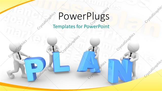  Presentation with business plan - Four 3D men putting letters together to form PLAN