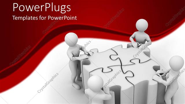  Presentation with puzzle team - Four 3D white figures uniting large jigsaw puzzle blocks