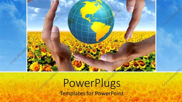  Presentation with unity - Four adult hands covering an earth globe on a flower field