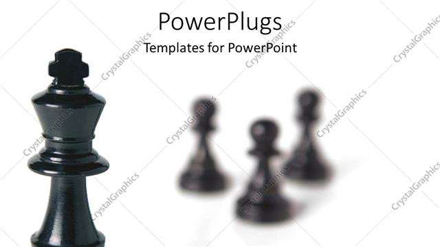  Presentation with faded black - Four black chess pieces, focus on king chess piece and three pawns faded in the white background