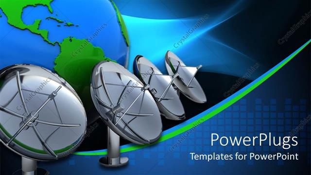  Presentation with satellite - Four black satellite dishes beside a blue earth globe