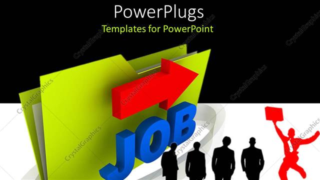  Presentation with job - Four black silhouettes and red leaping silhouette next to large green folder with Job and red arrow