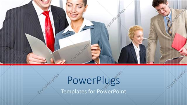  Presentation with business women - Four business men and women smiling and looking at reports