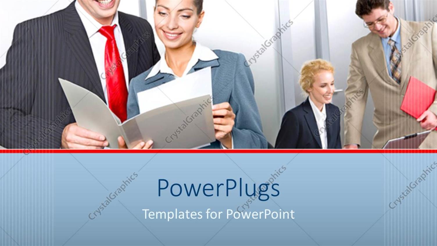 Featuring Four Business Men and woMen Smiling and Looking at Reports