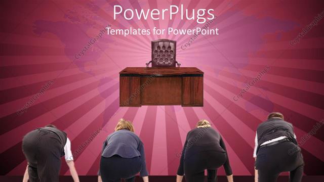  Presentation with rat - Four business people lined up in a race with director desk and chair and map of world in the background