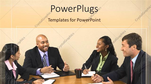  Presentation with conference - Four business people smiling and having a conference table meeting