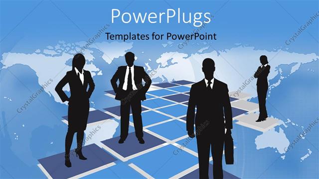  Presentation with purple business - Four business people standing on purple tiles with a map