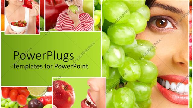  Presentation with vegetables - Four colorful tiles of three ladies and a girl eating different  furuits