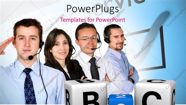  Presentation with b2c - Four customer care agents with alphabet blocks forming a 