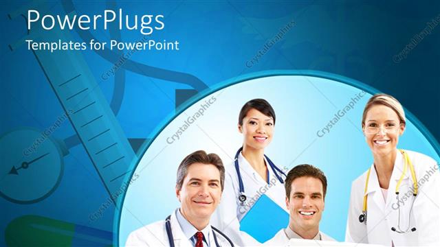  Presentation with medical laptop - Four doctors, two female and two male doctors smiling at the camera, doctors with stethoscopes, laptop and files on medical tools background