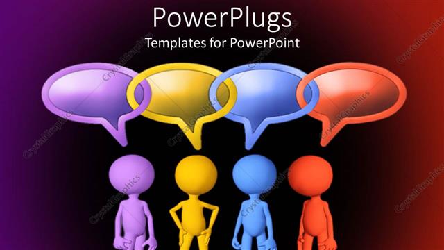  Presentation with media - Four figures in different colors with linked conversation bubbles