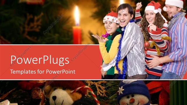  Presentation with celebration - Four friends happily dancing and partying with a Christmas tree