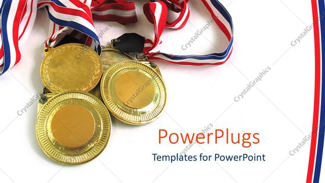  Presentation with white gold - Four gold medals together on a plain white background