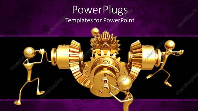  Presentation with human machine - Four golden human figures operating a machine portraying team work