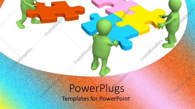  Presentation with green building - Four green characters building up a multi colored puzzle piece