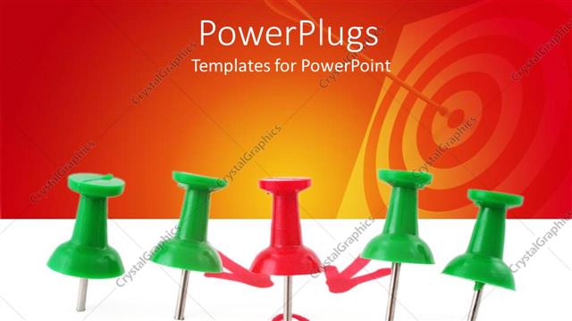  Presentation with target - Four green pins and red pin between them with four red arrows pointing to the red pin, target with dart in the background
