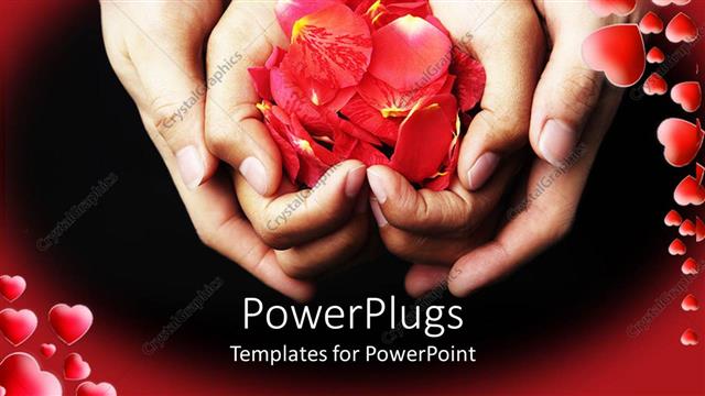  Presentation with black hands - Four hands holding red rose petals on black background with red frame filled with red hearts