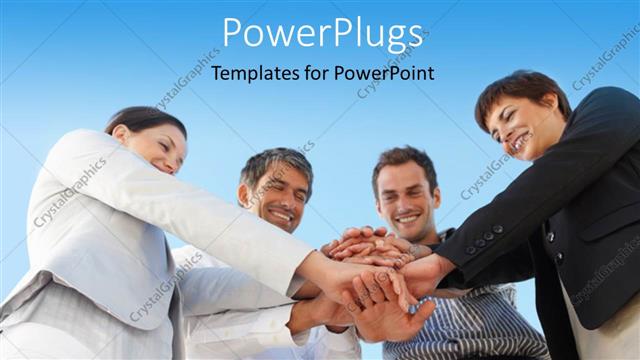  Presentation with team hands - Four happy business people join hands over blue background