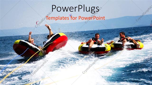  Presentation with boat - Four happy friends having fun in bouncing boat on sea surface