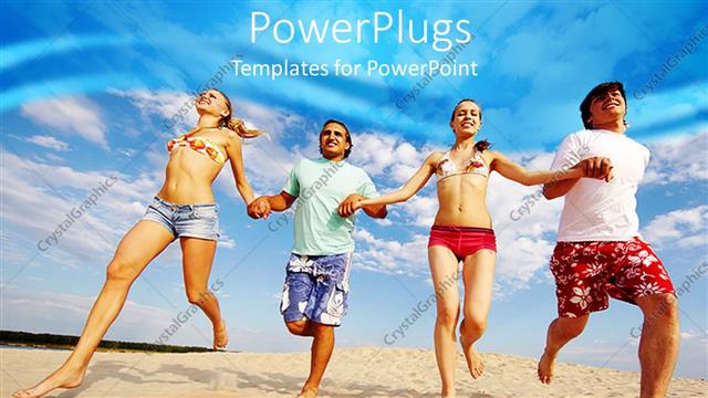  Presentation with motion - Four happy friends holding hands as they run on beach sand