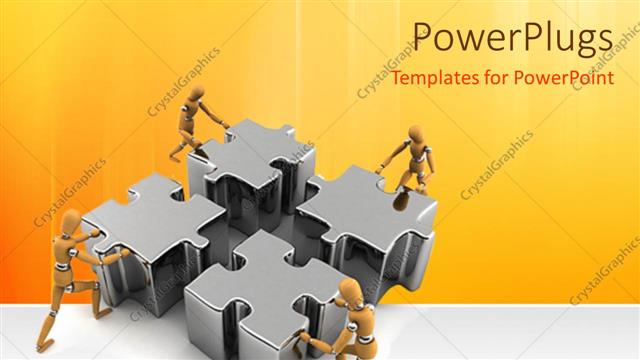  Presentation with team working together - Four humans working together to assemble silver puzzle, team work, collaboration