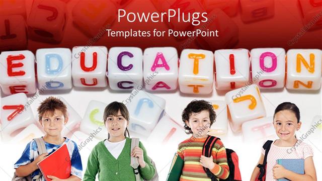  Presentation with education materials - Four kids carrying school bags and learning materials with education cube