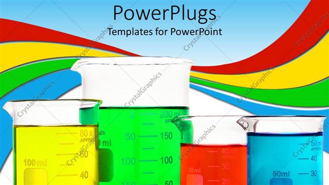  Presentation with beakers - Four laboratory beakers with different colors of solutions in them