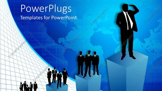  Presentation with blue business - Four large blue tiles with business men over a globe background