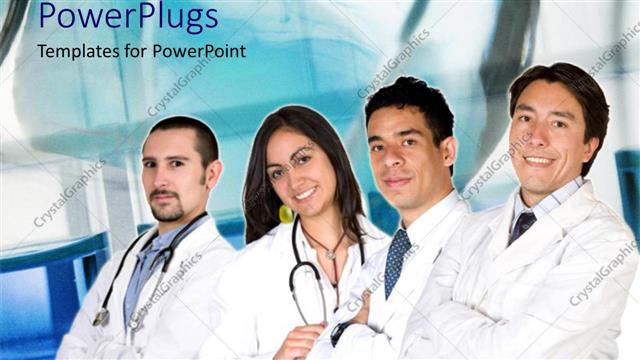  Presentation with lab coats - Four medical professionals with stethoscopes and lab coats