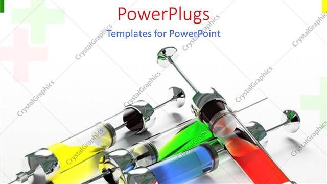  Presentation with metallic - Four metallic syringes with different color of liquids inside