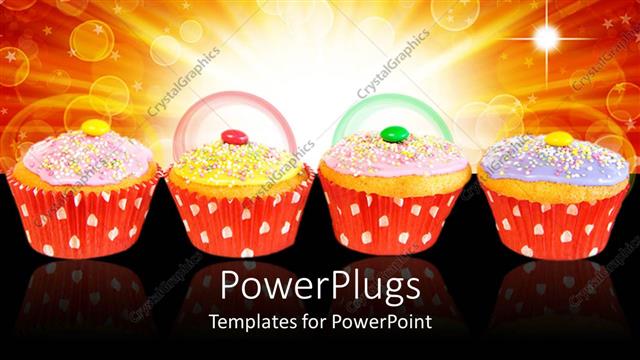  Presentation with muffins - Four muffins with colorful frosting and candies in red paper