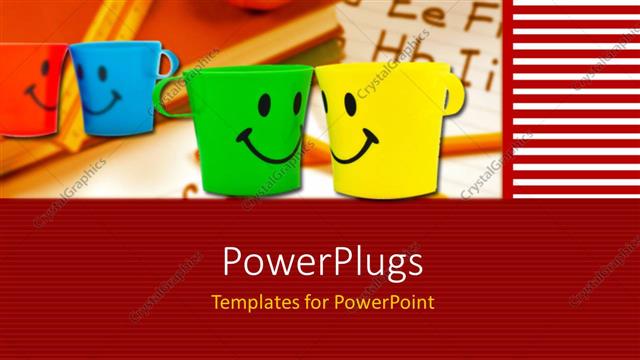  Presentation with faces - Four multi colored cups with smiling faces on them