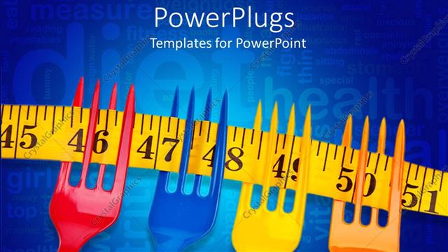  Presentation with diet - Four multi colored forks on a yellow measuring tape