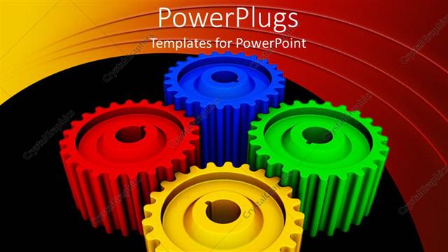  Presentation with gears - Four multi colored gears on a black and red background
