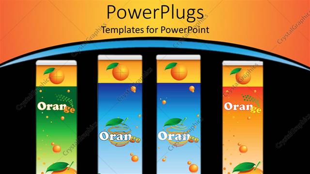  Presentation with blue orange - Four orange juice containers, black, blue, orange, green background