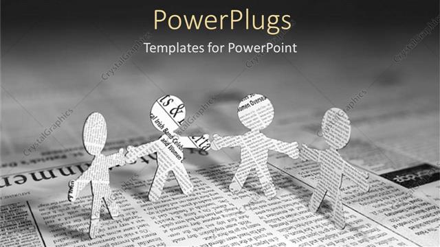  Presentation with page - Four paper men standing on page of newspaper join hands