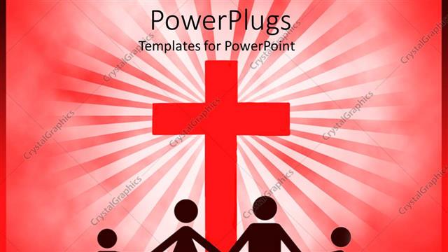  Presentation with hands holding - Four people silhouettes holding hands in front of big red cross, family with mother, father and girl and boy