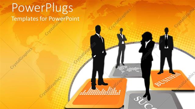  Presentation with black people - Four people standing on four different orange and black tiles