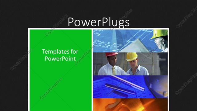  Presentation with architects - Four rectangular depictions of construction workers, architects, hammer, blueprints