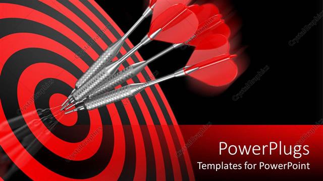  Presentation with target - Four red darts hitting the center target of a red dart board