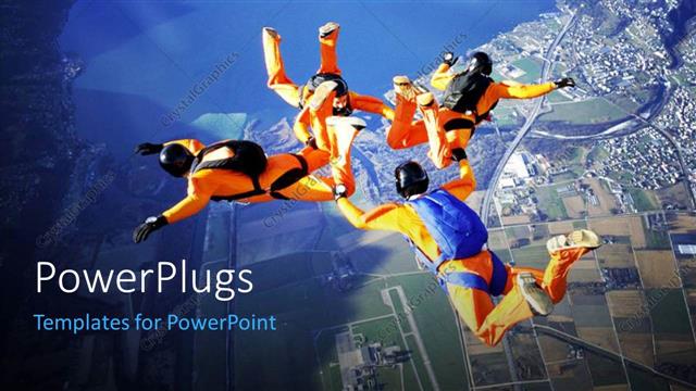  Presentation with mountains - Four skydivers performing stunt in sky over modern city with lakes and mountains